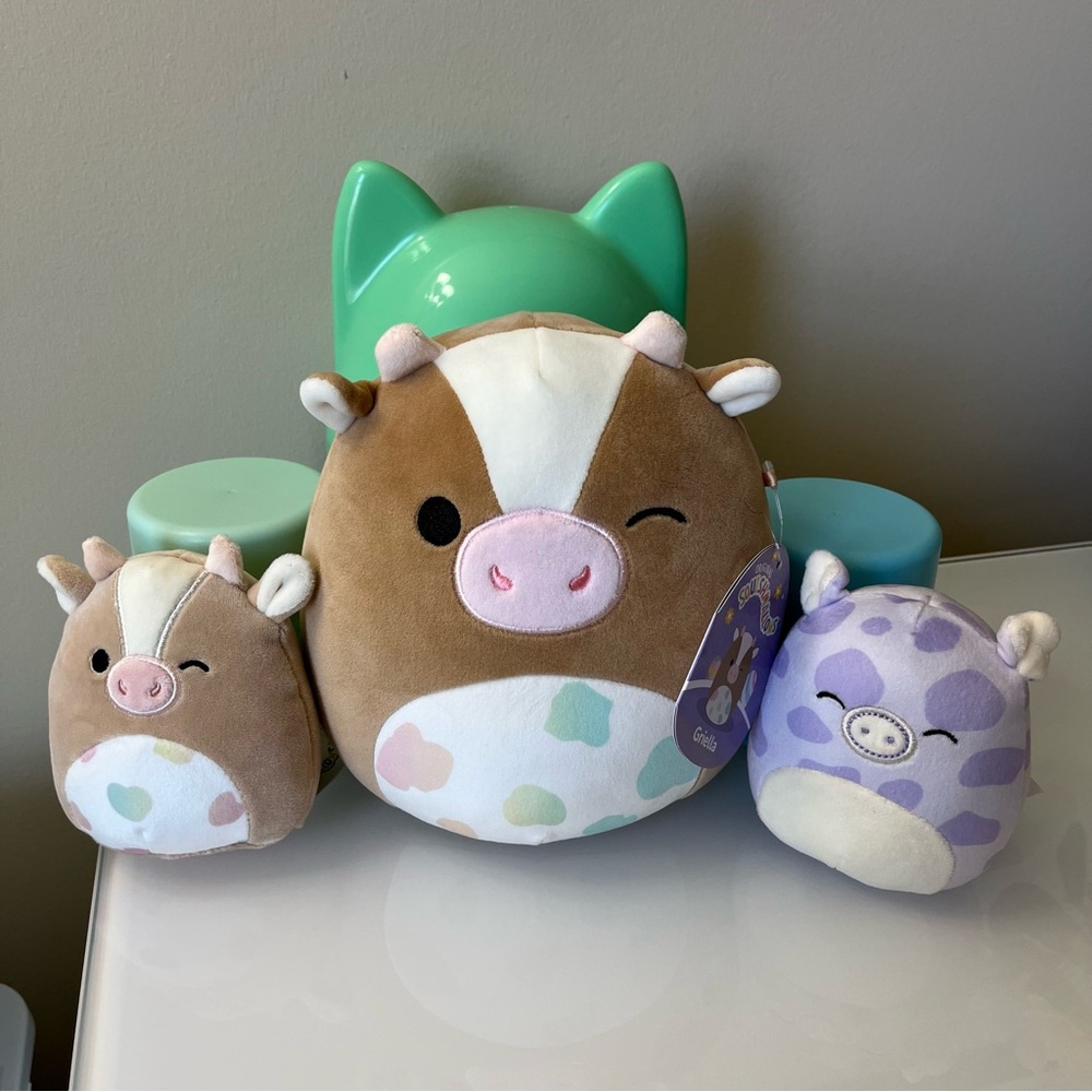 NWT Squishmallows Easter Set Of 3 - Griella Cow Pammy Purple Pig Capsule 4” 8”